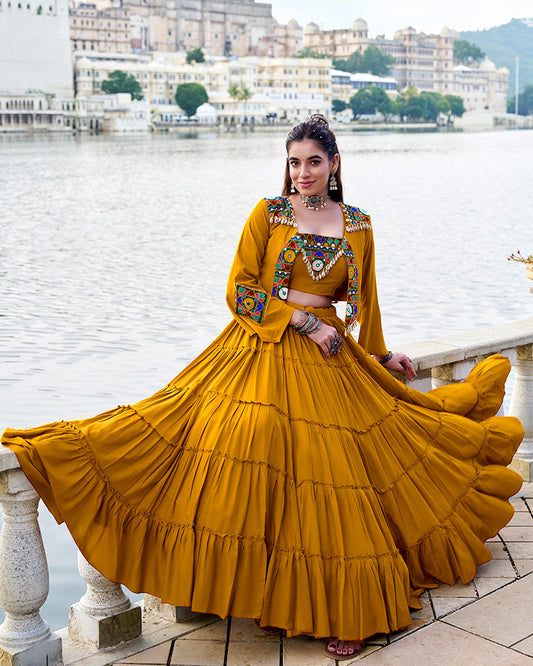 Mustard Rayon Navratri Lehenga Choli – Elegant Traditional Garba & Dandiya Outfit