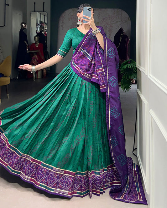 Green Tussar Silk Bandhej Lehenga Choli For Festive Wear