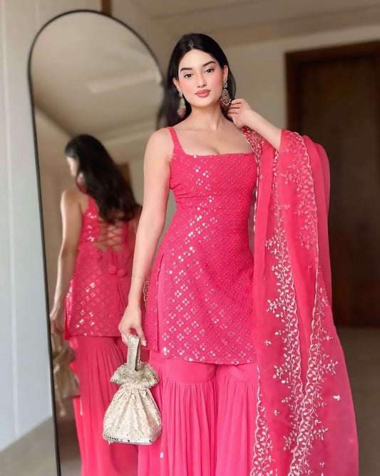 Wedding Wear Pink Georgette Sequin Embroidered Sharara Suit