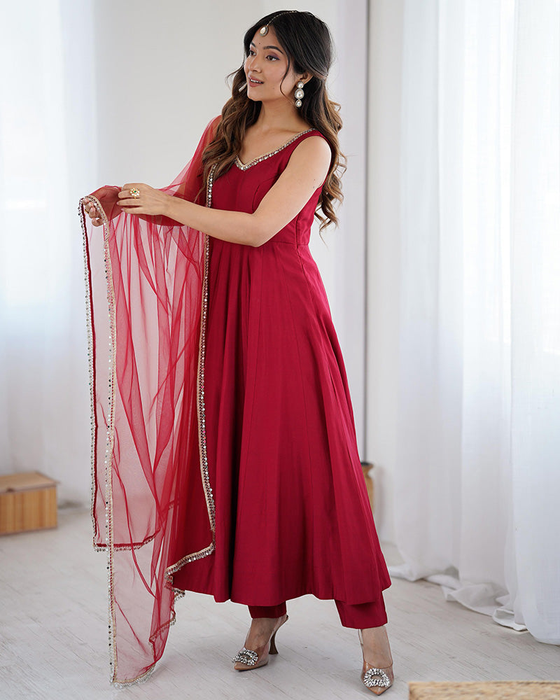 Maroon Chanderi Silk Anarkali Suit – Elegant Pure Roman Silk Party Wear