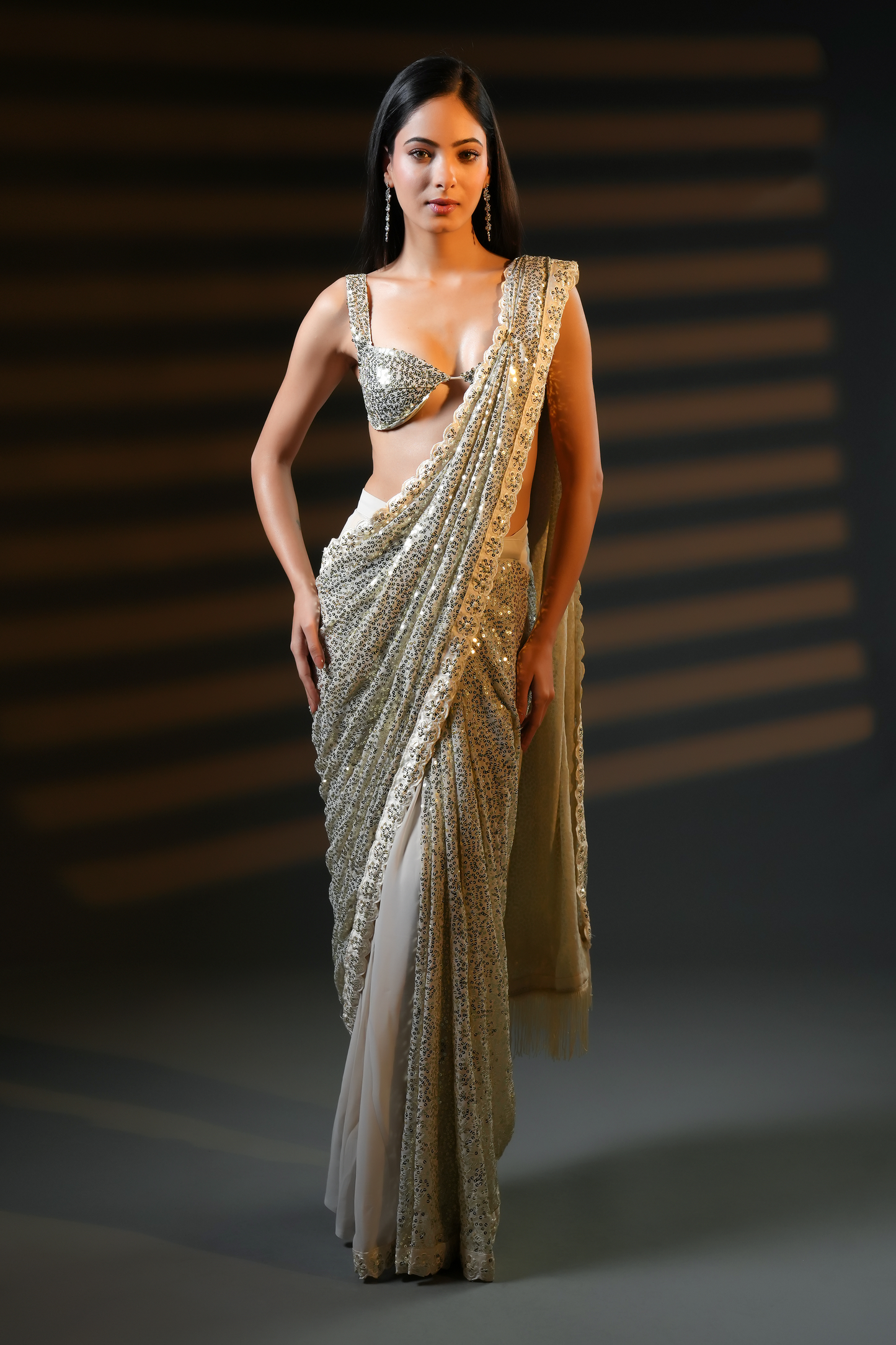 Party Wear Off White Soft Georgette Sequins Saree| Ready To Wear Saree For Wedding