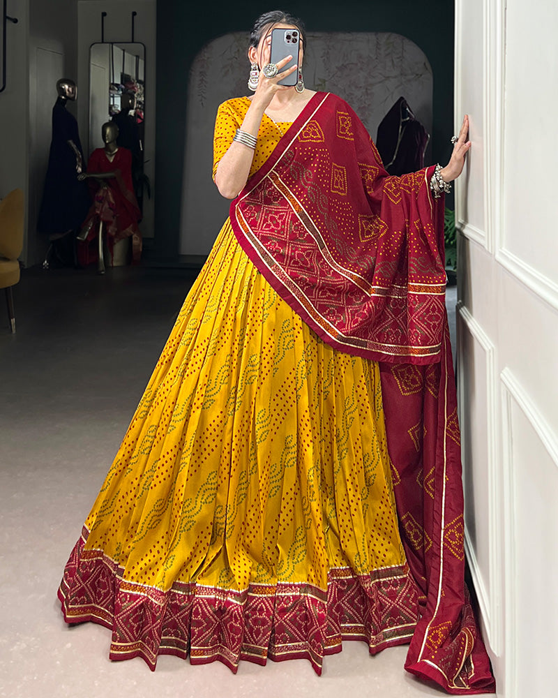 Yellow Tussar Silk Bandhej Lehenga Choli for Navratri Festival Wear