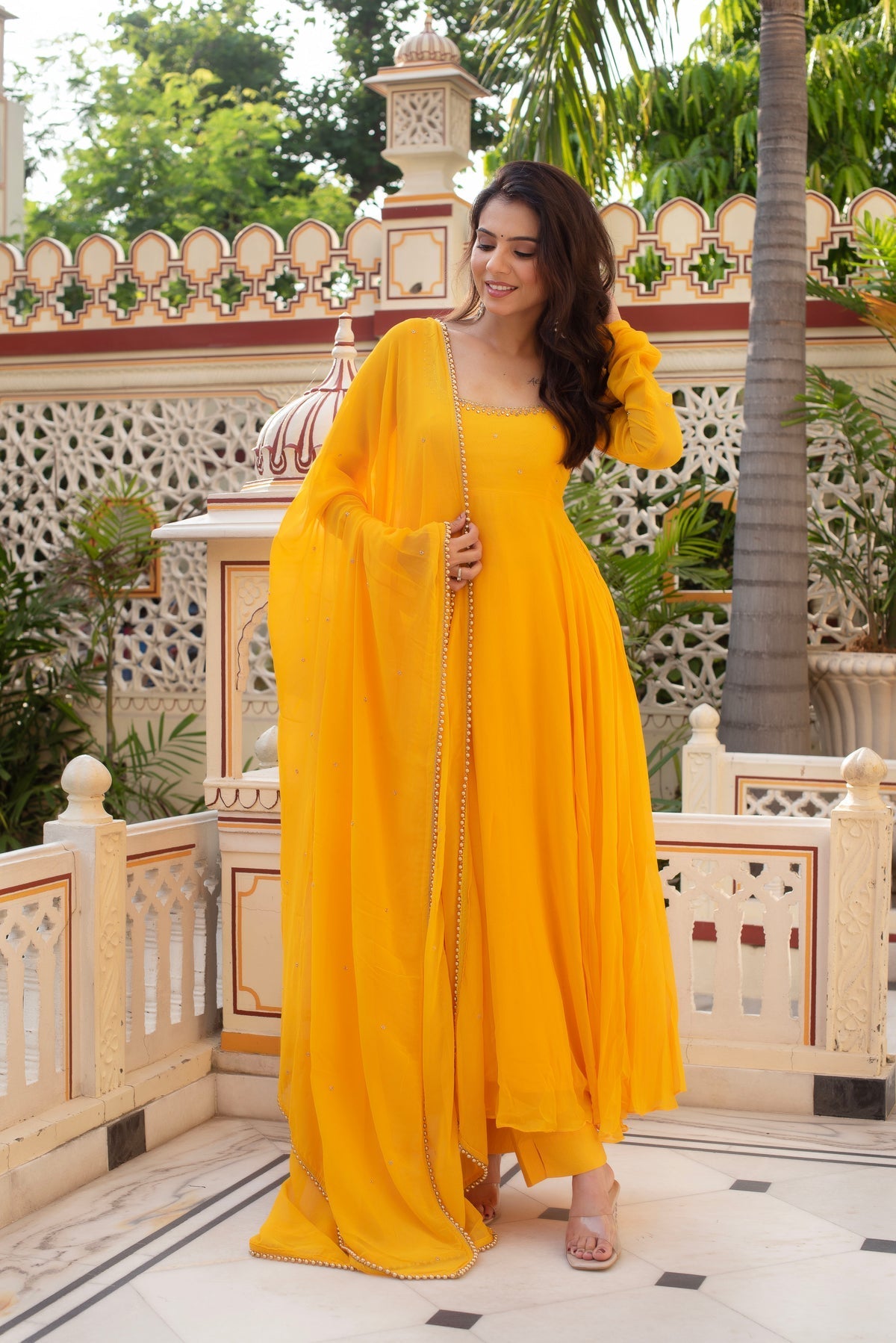 Festive Wear Yellow Anarkali Suit Set with Georgette Dupatta
