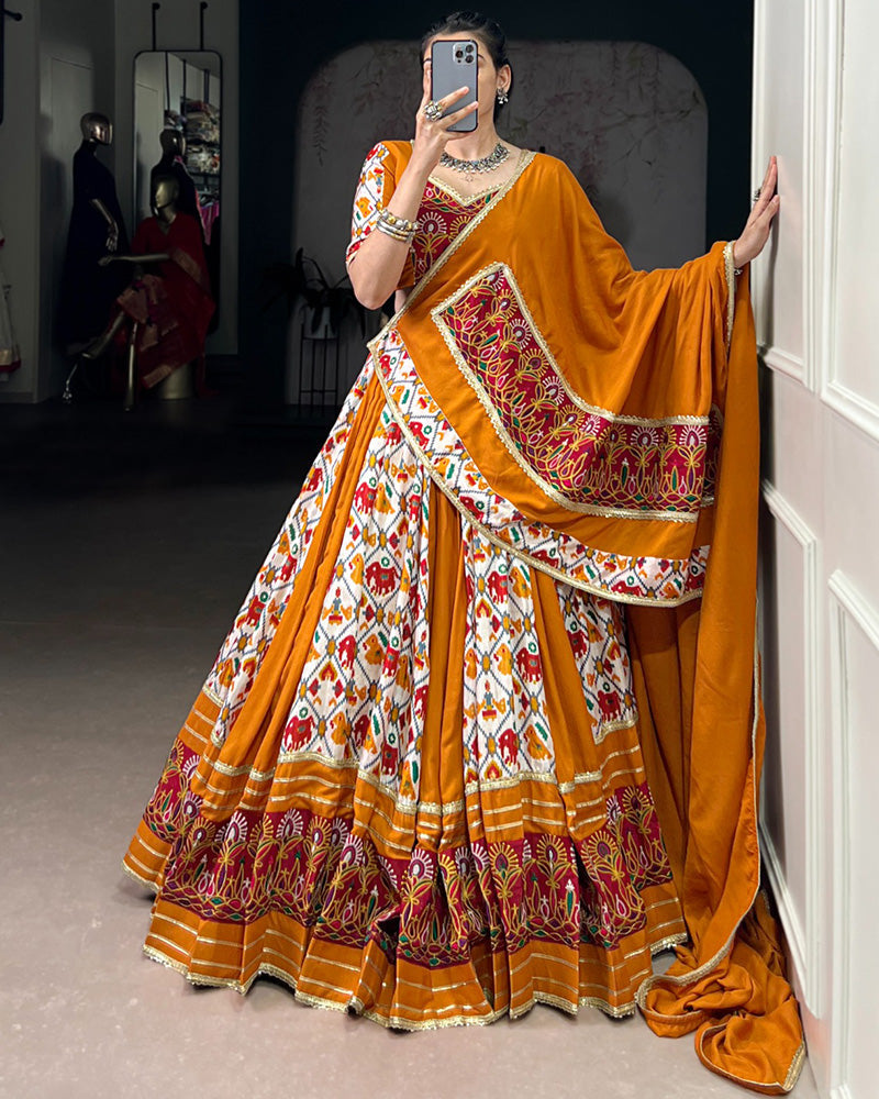 Mustard Pure Rayon Printed Silk Navratri Lehenga Choli for Women
