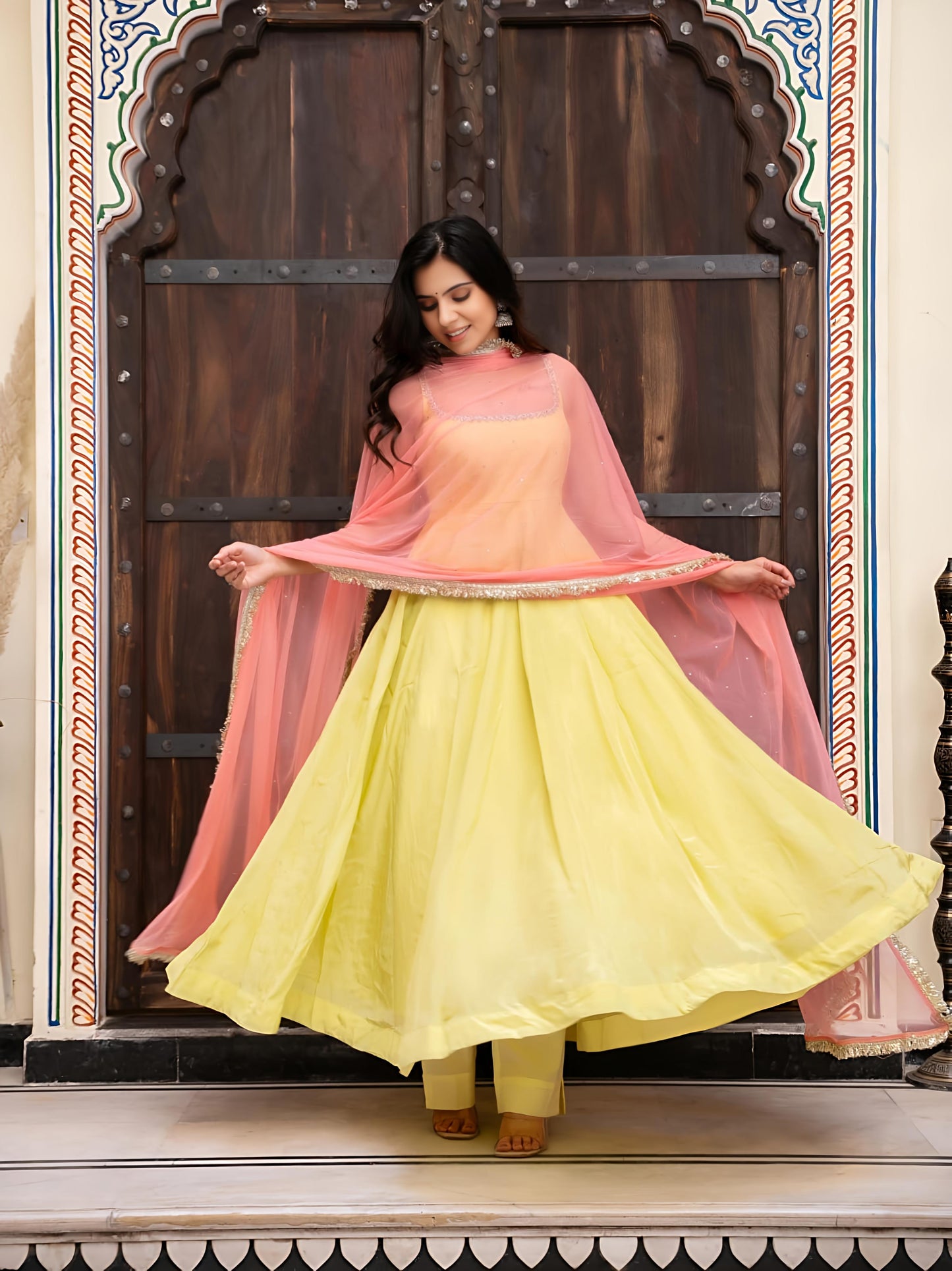Sangeet Special Yellow Anarkali Suit Set with Pink Dupatta | Designer Festive & Party Wear for Women