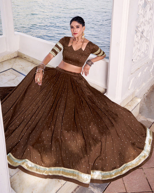 Festive Brown Pure Chanderi Lehenga Choli for Garba and Navratri