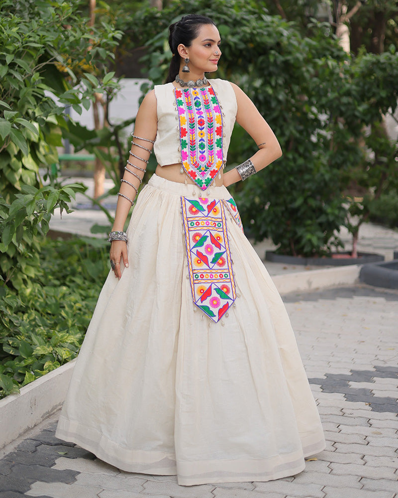 Off White Kora Cotton Gamthi Embroidered Navratri Lehenga Choli for Women