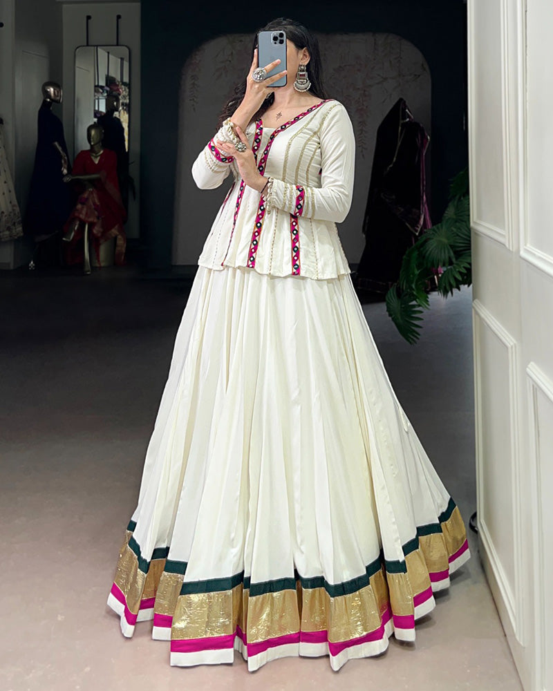 White Pure Rayon Embossed Navratri Lehenga Choli for Women