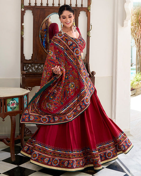 Designer Red Tussar Silk Full Stitched Lehenga Choli for Navratri Festival