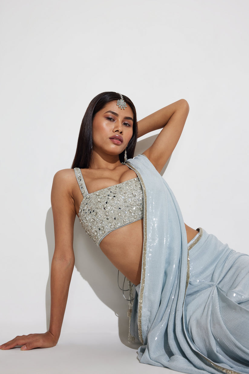 Party Wear Ice-Blue Pre-draped sequin saree