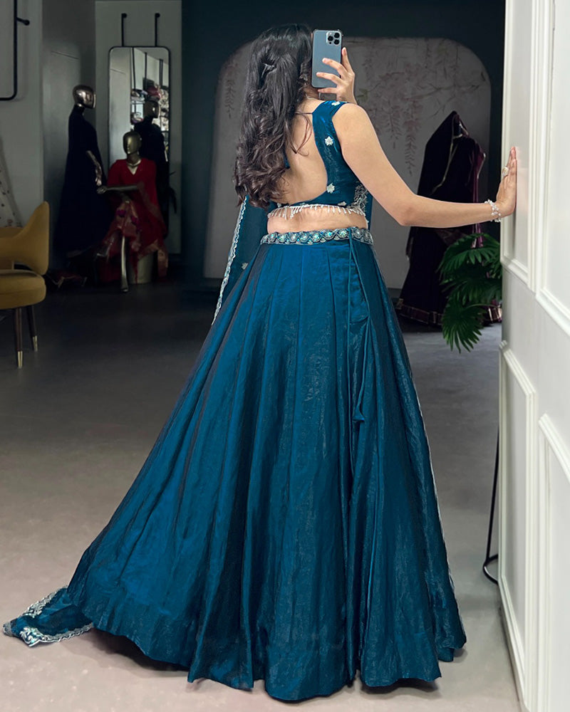 Festive Peacock Color Fendi Silk Embroidered Lehenga Choli