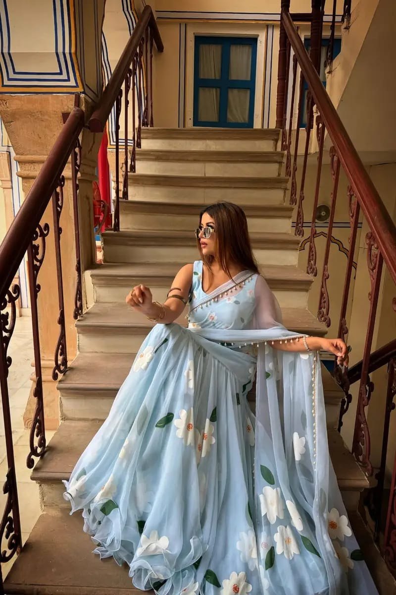 Ready-to-Wear Sky Blue Floral Ruffle Drape Lehenga Saree