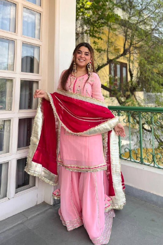 Women’s Baby Pink Embroidered Organza Silk Sharara Suit with Dupatta – Party Wear Ethnic Set