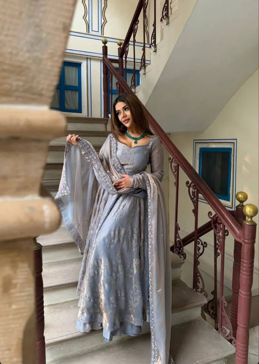 Elegant Grey Fandy Silk Anarkali Suit Set with Embroidered Dupatta | Designer Party Wear Wedding Anarkali for Women
