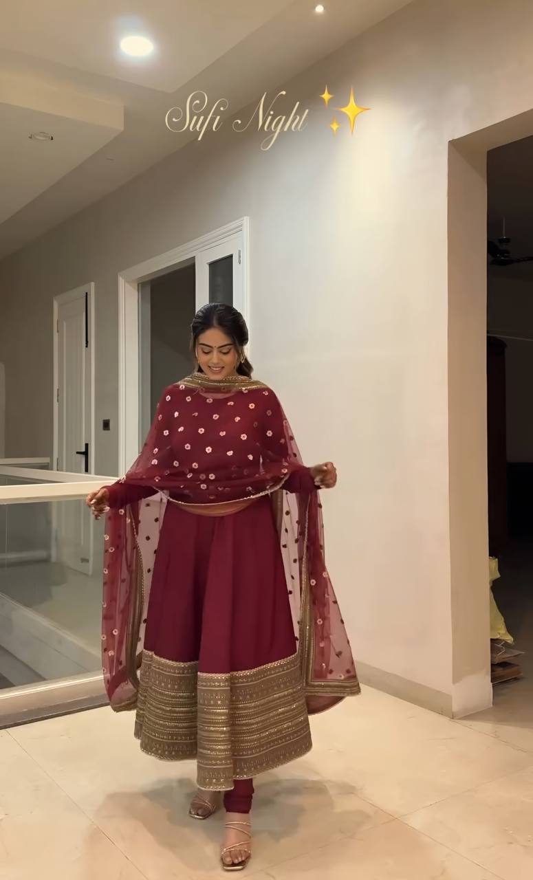 Maroon Kali-Cut Rayon Anarkali Suit Set with Heavy Coding Embroidery & Sequins Work