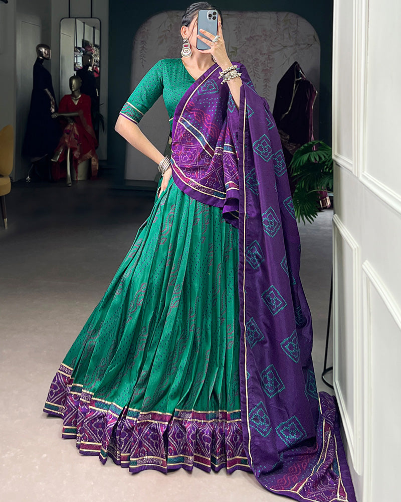 Green Tussar Silk Bandhej Lehenga Choli For Festive Wear