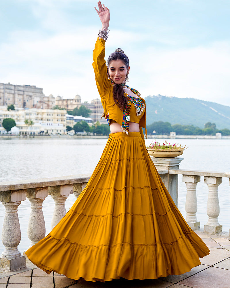 Mustard Rayon Navratri Lehenga Choli – Elegant Traditional Garba & Dandiya Outfit