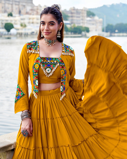 Mustard Rayon Navratri Lehenga Choli – Elegant Traditional Garba & Dandiya Outfit