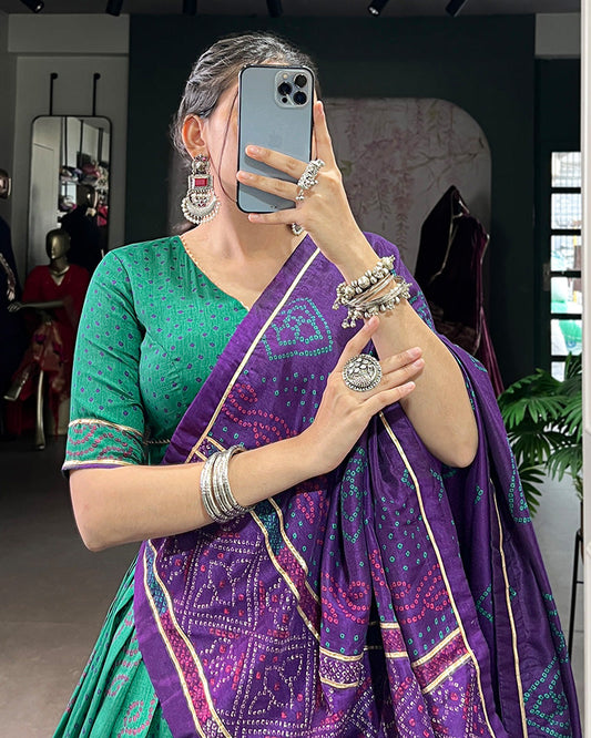 Green Tussar Silk Bandhej Lehenga Choli For Festive Wear