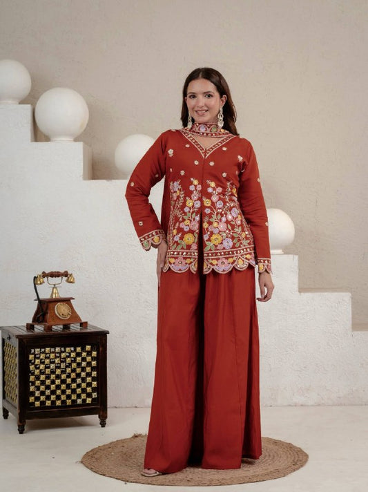 Rust Orange Silk Kurta Palazzo Suit Set for Women | Premium Wedding & Festive Wear