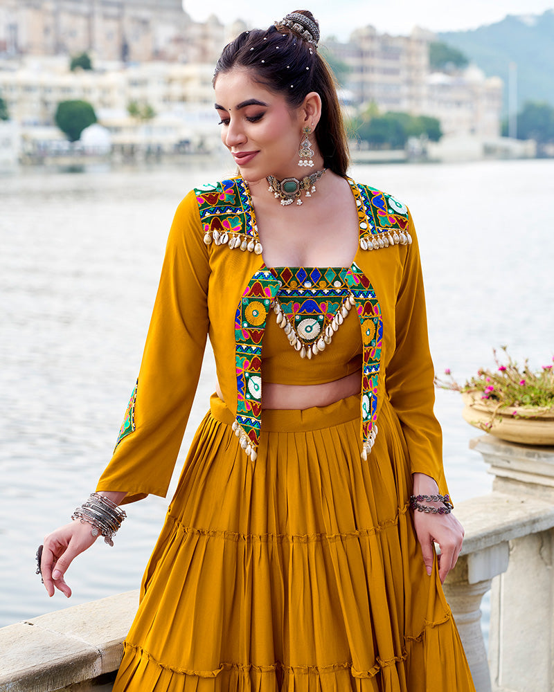 Mustard Rayon Navratri Lehenga Choli – Elegant Traditional Garba & Dandiya Outfit