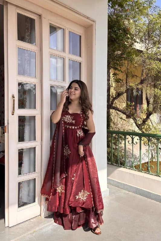 Fendy Silk Anarkali Suit Set with Palazzo & Dupatta – Sequins Embroidered Party Wear for Women