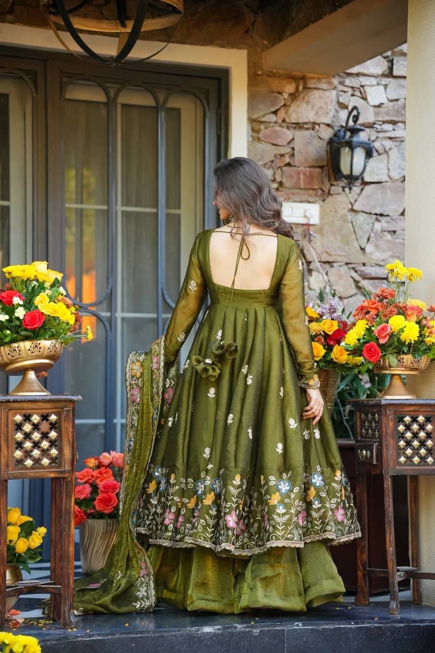 Mehndi Green Embroidered Anarkali Suit Set with Sharara For Wedding