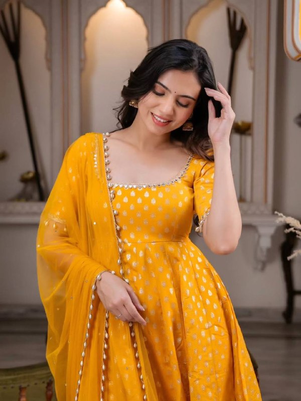 Haldi Special Mirror Work Yellow Anarkali Suit Set with Dupatta for Women