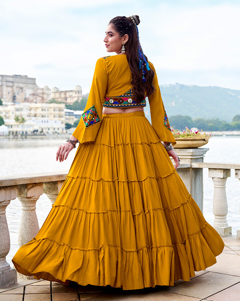 Mustard Rayon Navratri Lehenga Choli – Elegant Traditional Garba & Dandiya Outfit