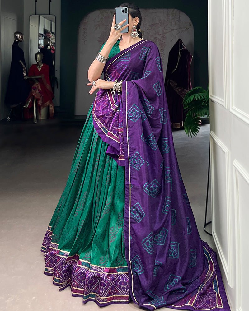 Green Tussar Silk Bandhej Lehenga Choli For Festive Wear