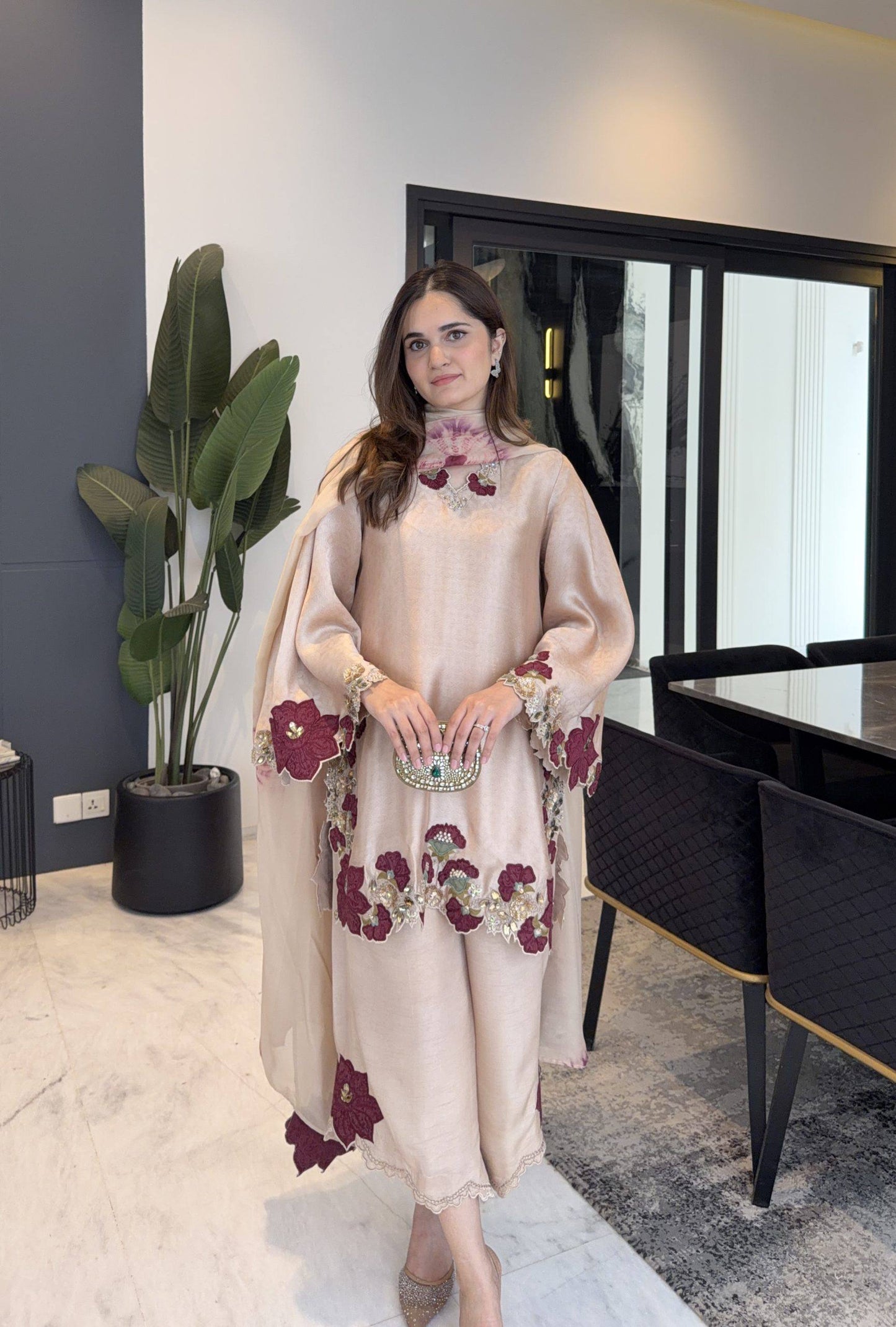 Beige Floral Embroidered Pakistani Suit Set with Dupatta for Women