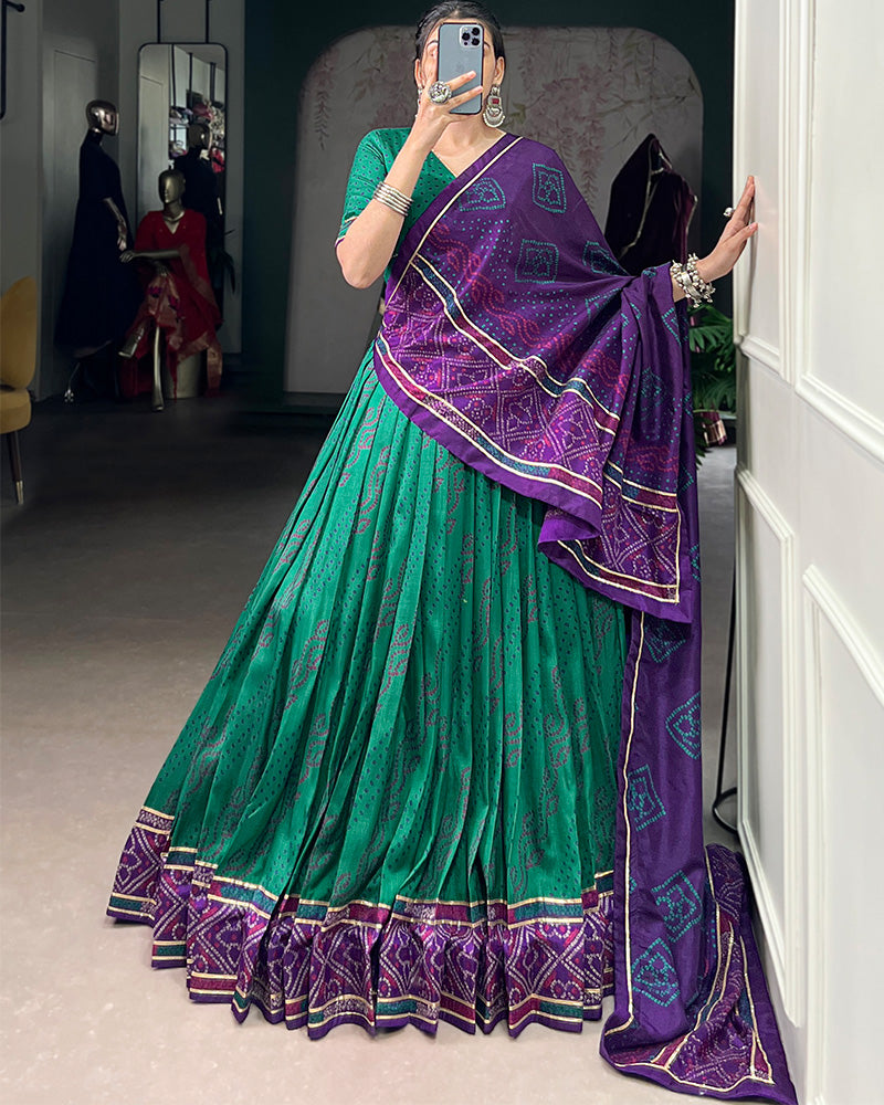 Green Tussar Silk Bandhej Lehenga Choli For Festive Wear