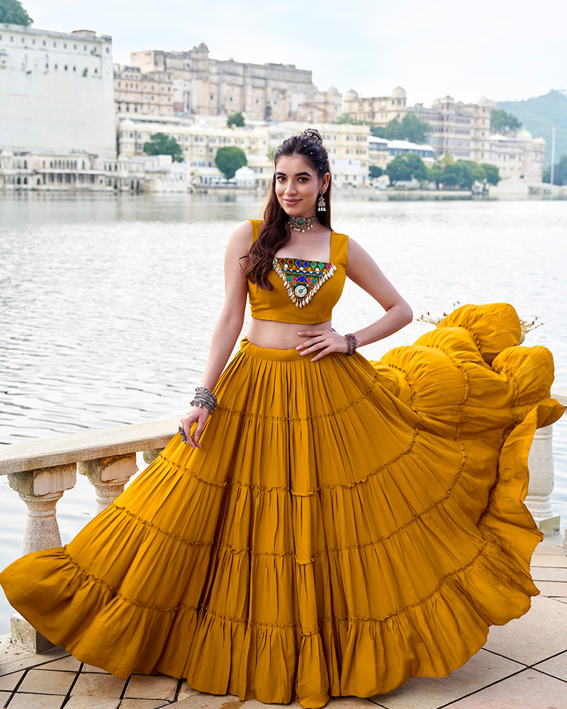 Mustard Rayon Navratri Lehenga Choli – Elegant Traditional Garba & Dandiya Outfit