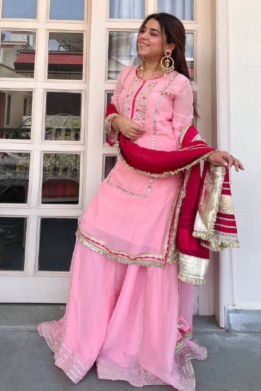 Women’s Baby Pink Embroidered Organza Silk Sharara Suit with Dupatta – Party Wear Ethnic Set
