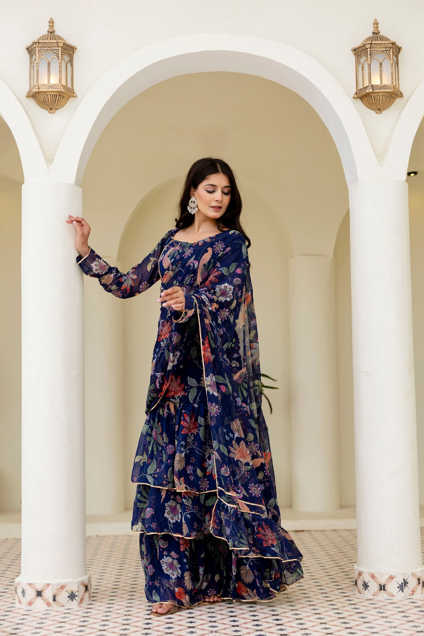 Floral Ruffle Ready to Wear Lehenga Saree with Full Sleeve Blouse