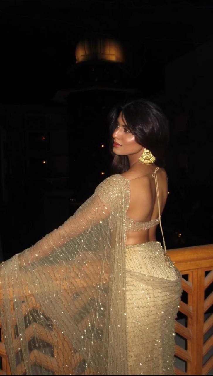 Golden Sequins Net Saree with Blouse for Women