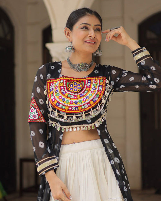 Black Bandhani Print Kurti With Kora Cotton Lehenga for Women