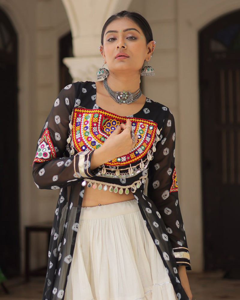 Black Bandhani Print Kurti With Kora Cotton Lehenga for Women