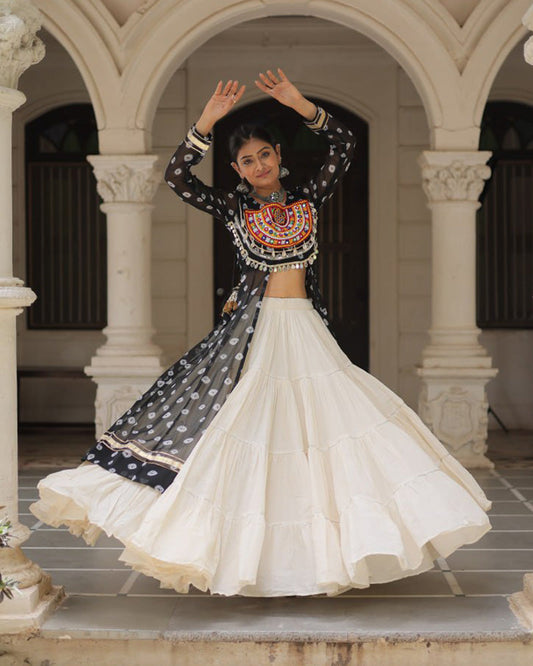 Black Bandhani Print Kurti With Kora Cotton Lehenga for Women