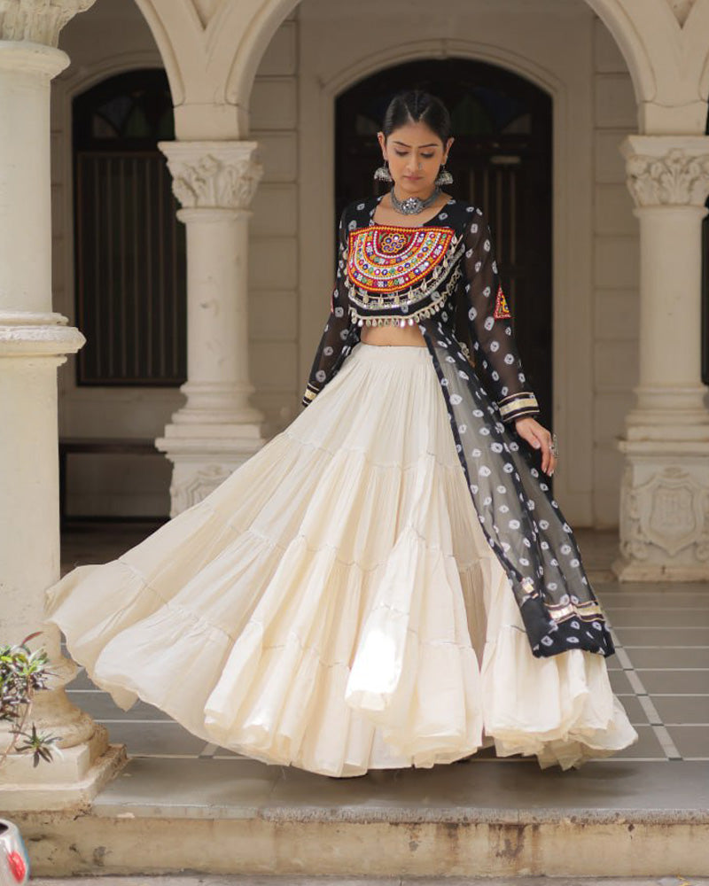 Black Bandhani Print Kurti With Kora Cotton Lehenga for Women