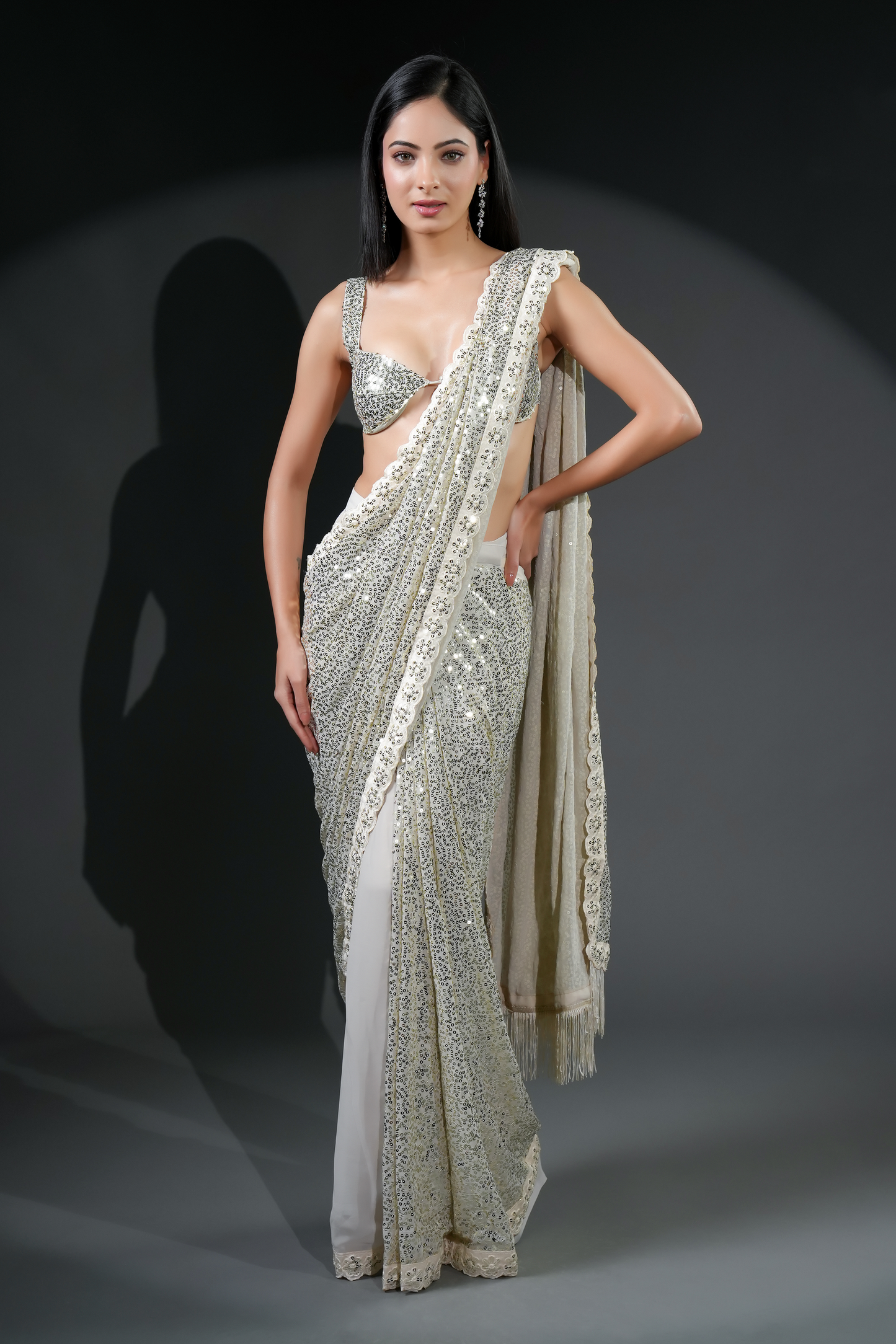 Party Wear Off White Soft Georgette Sequins Saree| Ready To Wear Saree For Wedding