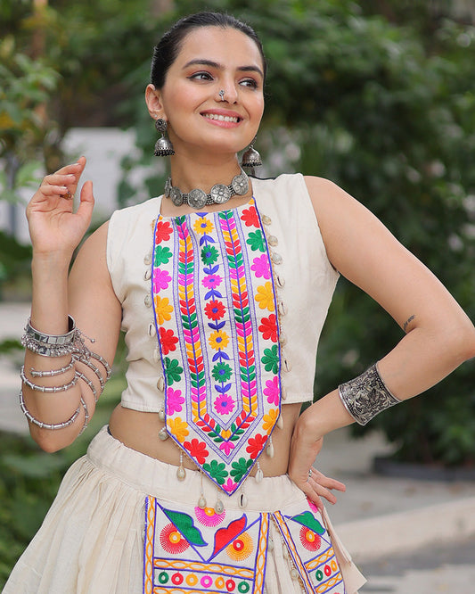 Off White Kora Cotton Gamthi Embroidered Navratri Lehenga Choli for Women