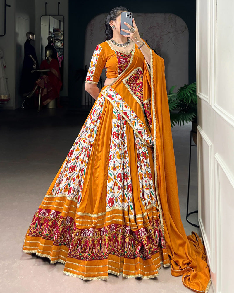 Mustard Pure Rayon Printed Silk Navratri Lehenga Choli for Women