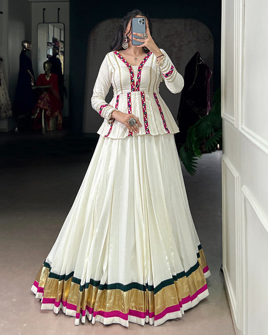 White Pure Rayon Embossed Navratri Lehenga Choli for Women