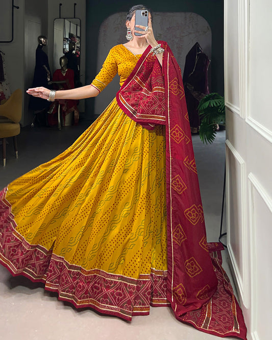 Yellow Tussar Silk Bandhej Lehenga Choli for Navratri Festival Wear