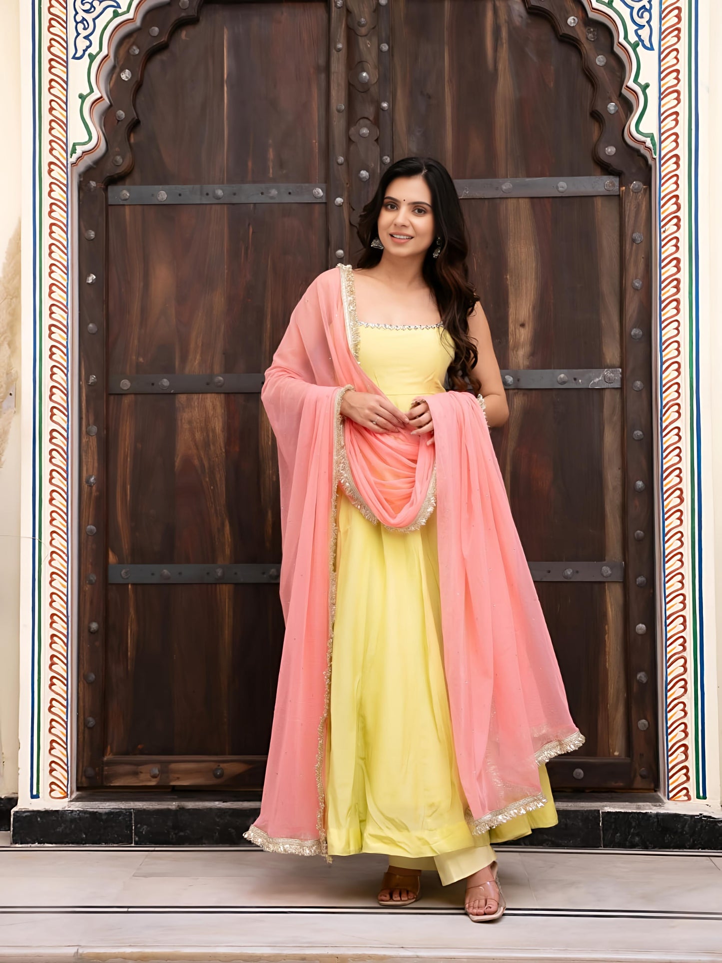 Sangeet Special Yellow Anarkali Suit Set with Pink Dupatta | Designer Festive & Party Wear for Women
