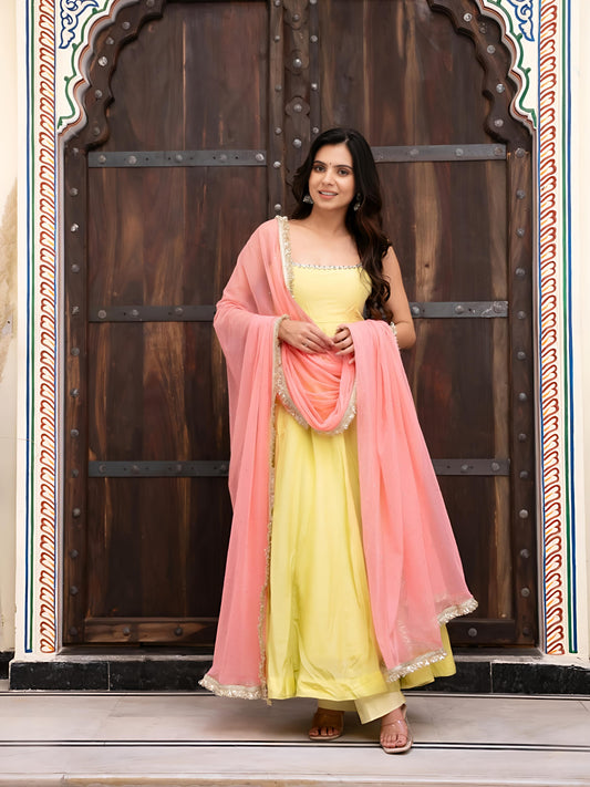 Sangeet Special Yellow Anarkali Suit Set with Pink Dupatta | Designer Festive & Party Wear for Women
