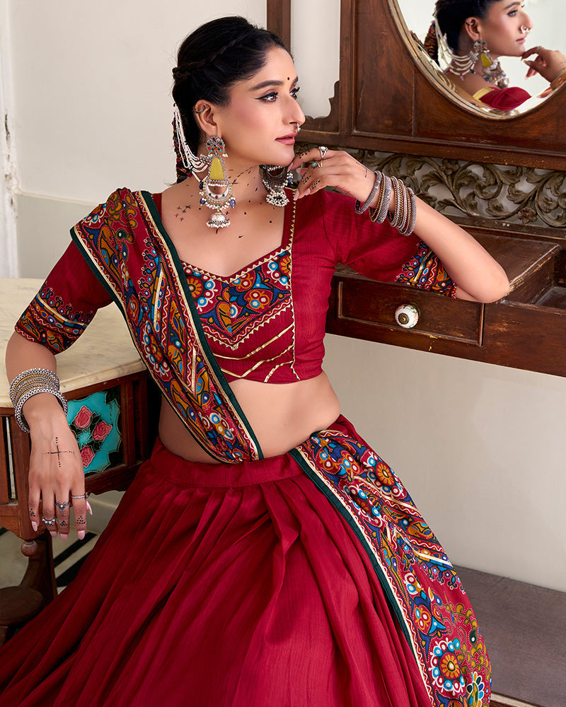 Designer Red Tussar Silk Full Stitched Lehenga Choli for Navratri Festival