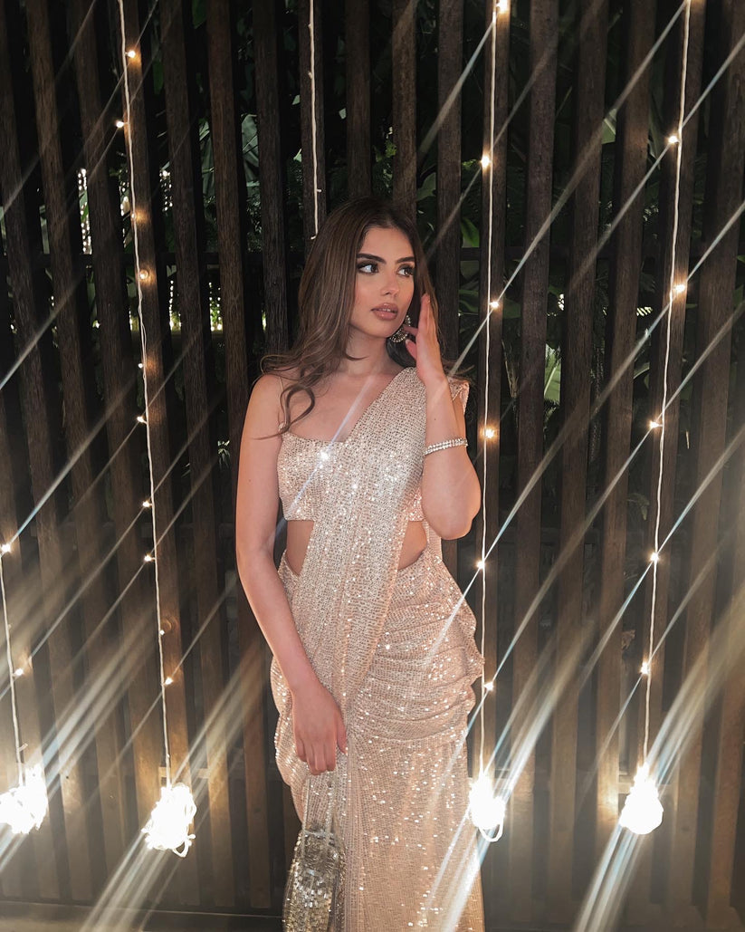 Partywear Ready To Wear Gold Sequin Georgette Saree | Wedding Wear Ready To Wear Saree