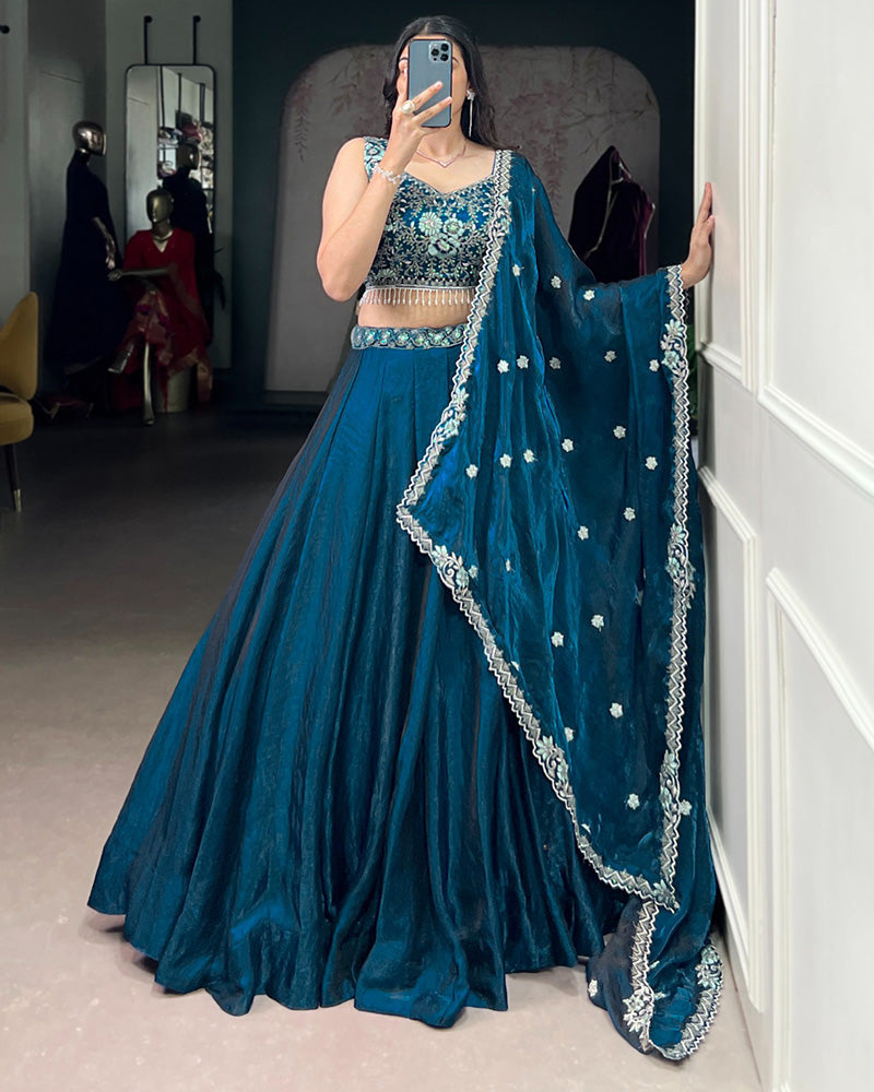 Festive Peacock Color Fendi Silk Embroidered Lehenga Choli